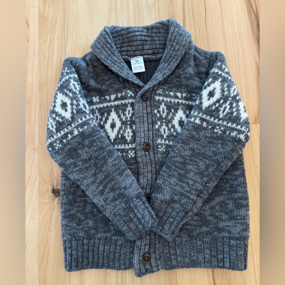 Carter’s Boys 3T Gray Ivory Fair Isle Button Cardigan Grandpa Fisherman EUC Cozy